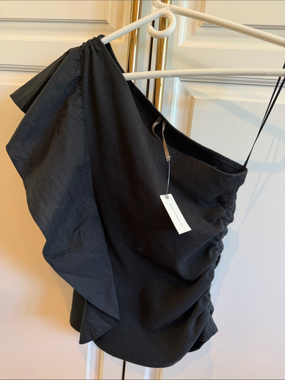 Anthropologie Black One-Shoulder Ruffled Women’s top mixed media S NWT